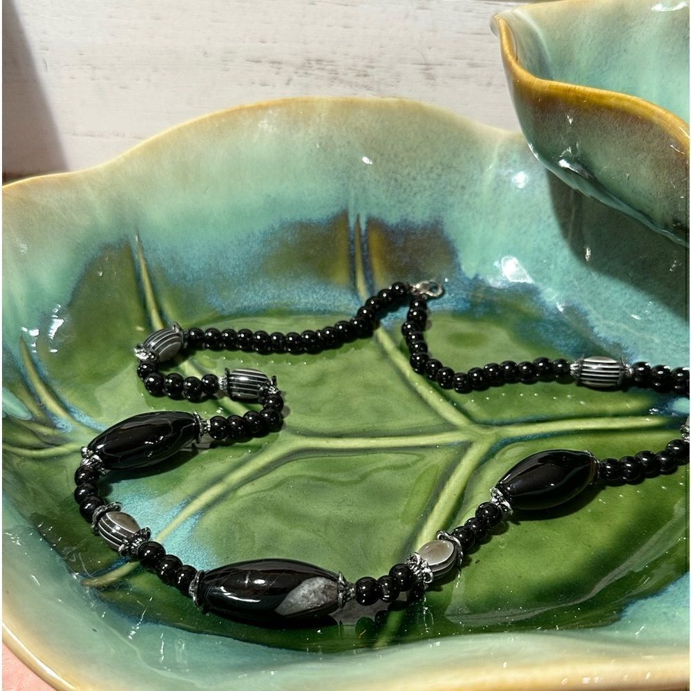 Beautiful Lampwork Black Glass & Genuine Stone Beaded Necklace 20”